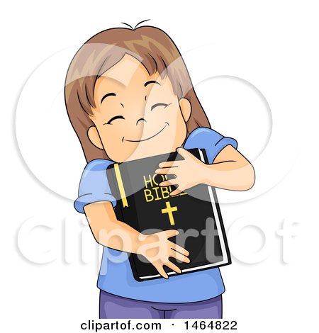 Clipart of a Happy Brunette White Girl Hugging a Bible - Royalty Free Vector Illustration by BNP Design Studio