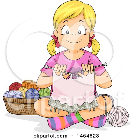 Clipart of a Happy Blond White Girl Knitting on the Floor - Royalty Free Vector Illustration by BNP Design Studio