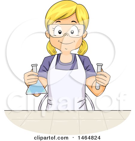 Clipart of a Happy Blond White Girl Holding a Science Flask and Test Tube - Royalty Free Vector Illustration by BNP Design Studio