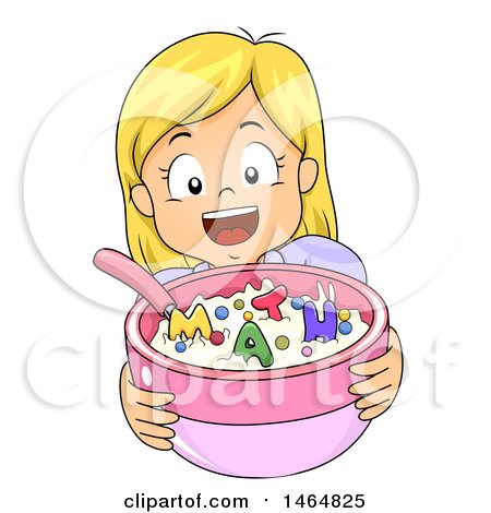 Clipart of a Happy Blond White Girl Holding out a Bowl of Cereal with Math Letters - Royalty Free Vector Illustration by BNP Design Studio