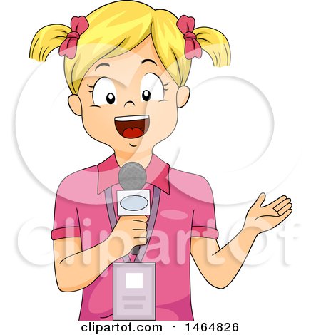 Clipart of a Blond White Reporter Girl Wearing an Id and Speaking into a Microphone - Royalty Free Vector Illustration by BNP Design Studio
