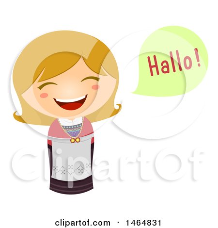 Clipart of a Girl in a Traditional Outfit, Saying Hi in Norwegian - Royalty Free Vector Illustration by BNP Design Studio