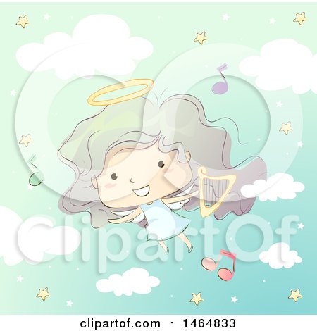 Clipart of a Sketched Angel Girl Flying with a Harp and Music Notes - Royalty Free Vector Illustration by BNP Design Studio