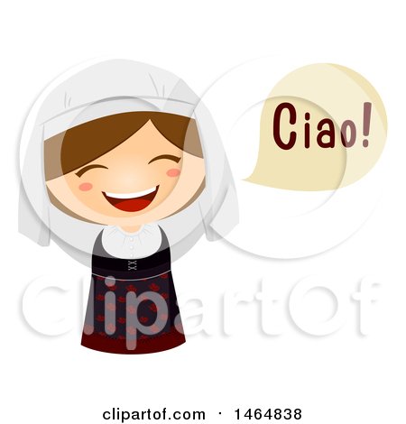 Clipart of a Girl in a Traditional Outfit, Saying Hi in Italian - Royalty Free Vector Illustration by BNP Design Studio