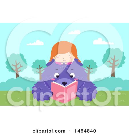 Clipart of a Red Haired White Girl Resting on Too of a Monster That Is Reading a Book - Royalty Free Vector Illustration by BNP Design Studio