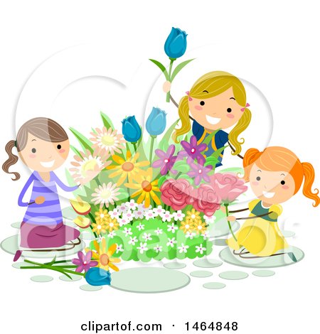 Clipart of a Group of Girls Picking Flowers from a Garden - Royalty Free Vector Illustration by BNP Design Studio