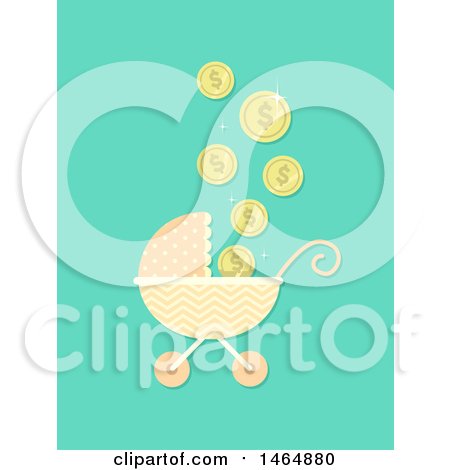 Clipart of a Baby Stroller with Falling Coins - Royalty Free Vector Illustration by BNP Design Studio