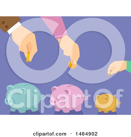 Clipart of Hands Depositing Money into Family Piggy Banks - Royalty Free Vector Illustration by BNP Design Studio