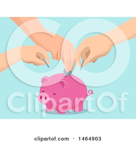 Clipart of Hands of a Family Depositing Money into a Piggy Bank - Royalty Free Vector Illustration by BNP Design Studio