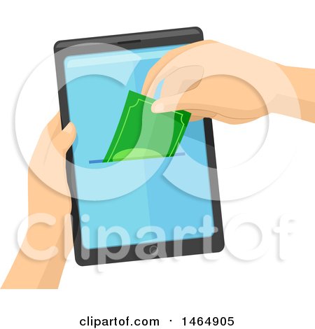 Clipart of Hands Holding a Smart Phone and Depositing or Withdrawing Cash from the Screen - Royalty Free Vector Illustration by BNP Design Studio