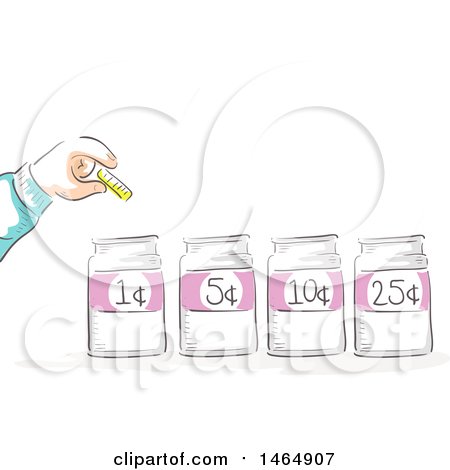 Clipart of a Sketched Hand Putting a Coin in Marked Jars - Royalty Free Vector Illustration by BNP Design Studio
