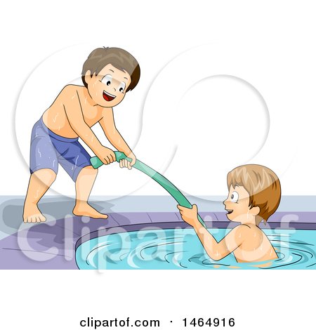 Clipart of a Boy Helping His Friend Climb out of a Pool with a Noodle - Royalty Free Vector Illustration by BNP Design Studio