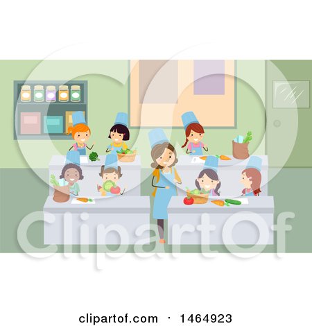 Clipart of a Group of School Children and Home Economics Teacher Discussing Vegetables - Royalty Free Vector Illustration by BNP Design Studio