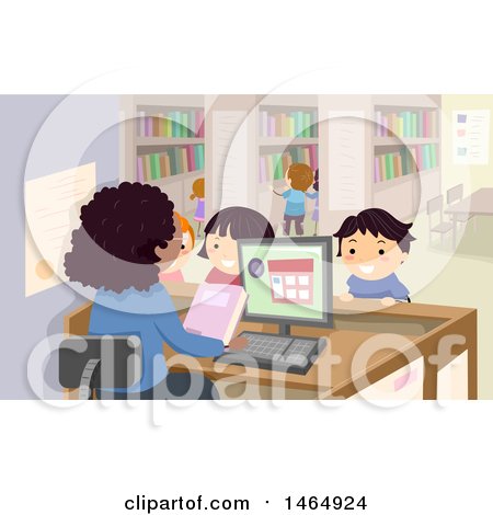 Clipart of a Group of School Children and Librarian in a Library - Royalty Free Vector Illustration by BNP Design Studio