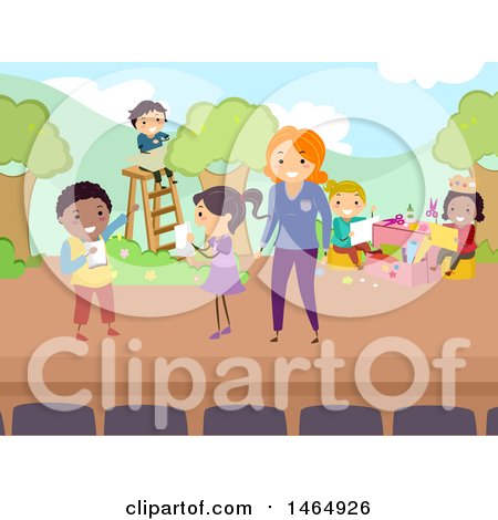 Clipart of a Group of School Children and Teacher Rehearsing a Play - Royalty Free Vector Illustration by BNP Design Studio