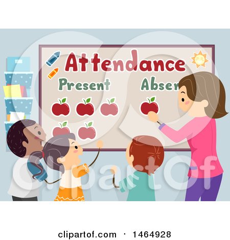 Clipart of a Group of School Children and Teacher Marking an Attendance Board - Royalty Free Vector Illustration by BNP Design Studio