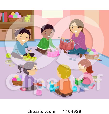 Clipart of a Group of School Children and Teacher Knitting - Royalty Free Vector Illustration by BNP Design Studio