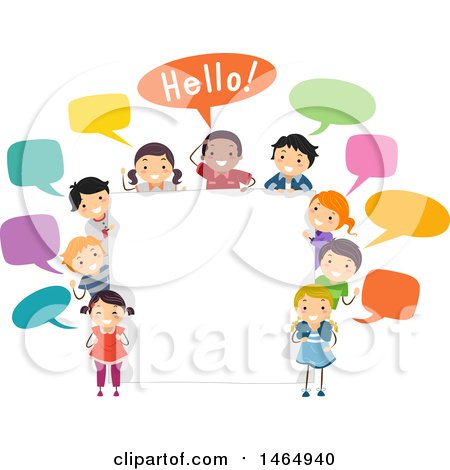 Clipart of a Group of School Children Saying Hello Around a Sign - Royalty Free Vector Illustration by BNP Design Studio
