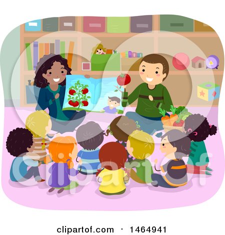 Clipart of a Group of School Children Learning About Produce at Story Time - Royalty Free Vector Illustration by BNP Design Studio