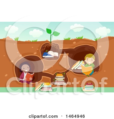 Clipart of a Group of School Children Reading Books in an Underground Library - Royalty Free Vector Illustration by BNP Design Studio