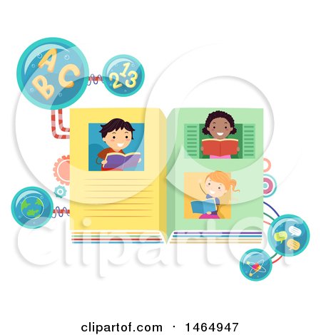 Clipart of a Group of School Children Reading About Math, Geography, Science and Language - Royalty Free Vector Illustration by BNP Design Studio