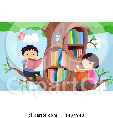 Clipart of a Group of School Children Reading in a Library Tree - Royalty Free Vector Illustration by BNP Design Studio