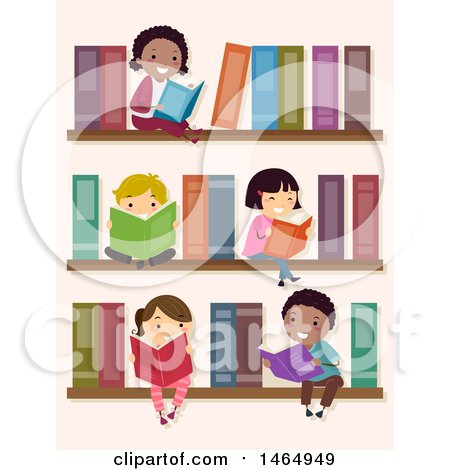 Clipart of a Group of School Children Reading on Library Book Shelves - Royalty Free Vector Illustration by BNP Design Studio