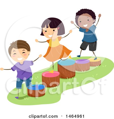 Clipart of a Group of Children Playing on Wood Stump Ladders - Royalty Free Vector Illustration by BNP Design Studio