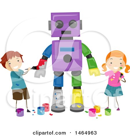 Clipart of a Boy and Girl Painting a Robot - Royalty Free Vector Illustration by BNP Design Studio