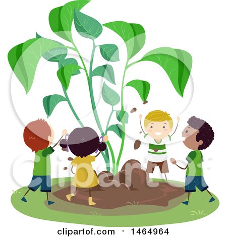 Clipart of a Group of School Children Gardening with Sprouts - Royalty Free Vector Illustration by BNP Design Studio