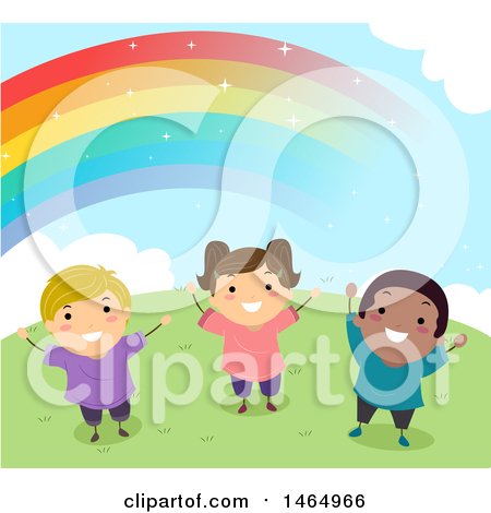 Clipart of a Group of Happy Children Under a Rainbow - Royalty Free Vector Illustration by BNP Design Studio