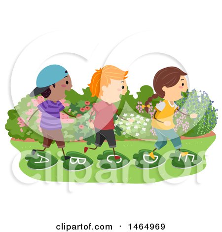 Clipart of a Group of School Children Walking on Alphabet Leaf Stepping Stones - Royalty Free Vector Illustration by BNP Design Studio