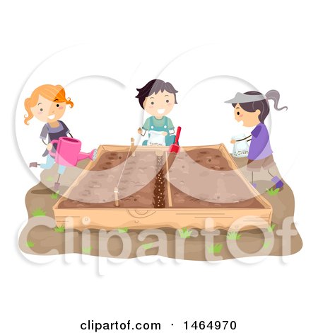 Clipart of a Group of Children Planting Straight Rows in a Raised Garden Bed - Royalty Free Vector Illustration by BNP Design Studio