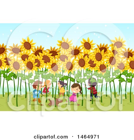 Clipart of a Group of Children Playing in a Field of Giant Sunflowers - Royalty Free Vector Illustration by BNP Design Studio