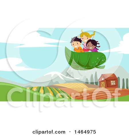 Clipart of a Group of Children Riding Af Lying Leaf over a Farm - Royalty Free Vector Illustration by BNP Design Studio