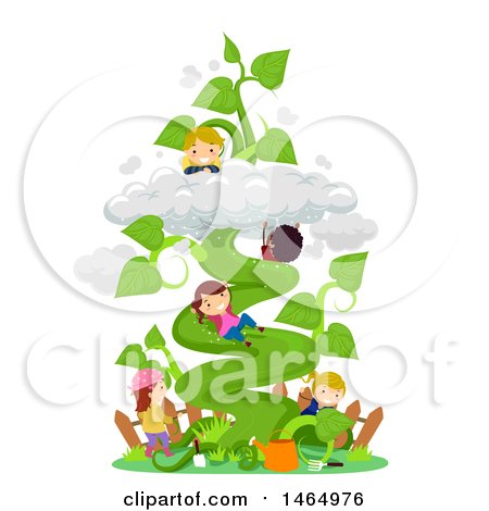 Clipart of a Group of Children Climbing a Giant Beanstalk in a Garden - Royalty Free Vector Illustration by BNP Design Studio