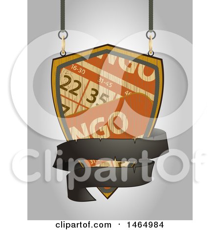 Clipart of a Suspended Wooden Bingo and Black Ribbon Banner Shingle Sign - Royalty Free Vector Illustration by elaineitalia