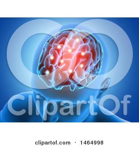 Clipart of a 3d Man's Head with Glowing Brain and Connections, on Blue - Royalty Free Illustration by KJ Pargeter