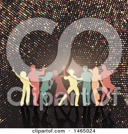 Clipart of a Group of Silhouetted Dancers over Halftone - Royalty Free Vector Illustration by KJ Pargeter