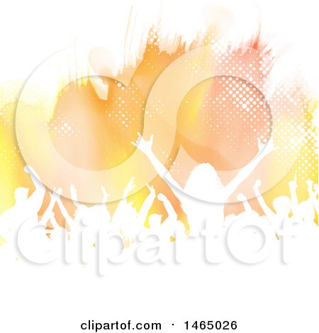 Clipart of a Group of Silhouetted Dancers or Concert Goers over Halftone and Watercolor - Royalty Free Vector Illustration by KJ Pargeter