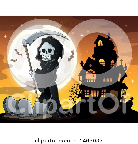 Clipart of a Grim Reaper Holding a Scythe in a Cemetery near a Haunted House - Royalty Free Vector Illustration by visekart