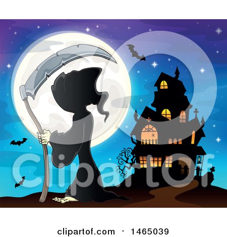 Clipart of a Grim Reaper Holding a Scythe Against a Full Moon near a Haunted House - Royalty Free Vector Illustration by visekart