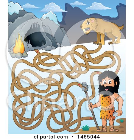 Clipart of a Maze of a Prehistoric Cave Man and Saber Toothed Cat - Royalty Free Vector Illustration by visekart