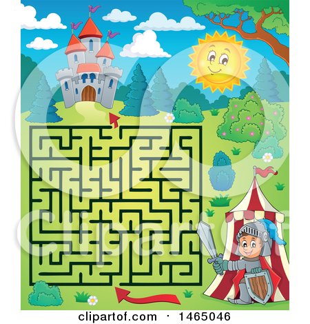 Clipart of a Maze of a Knight Emerging from a Tent near a Castle - Royalty Free Vector Illustration by visekart