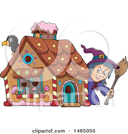 Clipart of a Crow and Witch at a Gingerbread House in the Story of Hansel and Gretel - Royalty Free Vector Illustration by visekart