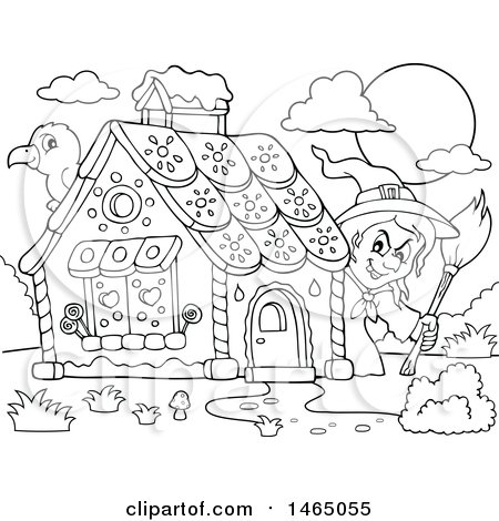 Clipart of a Black and White Crow and Witch at a Gingerbread House in the Story of Hansel and Gretel - Royalty Free Vector Illustration by visekart