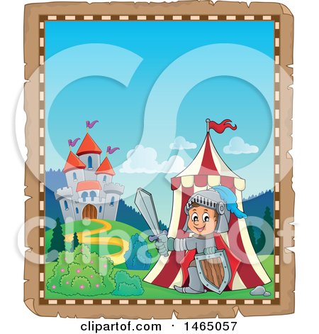 Clipart of a Parchment Page of a Knight Emerging from a Tent near a Castle - Royalty Free Vector Illustration by visekart