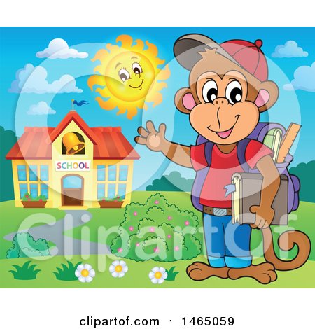 Clipart of a Monkey Student Waving by a School Building - Royalty Free Vector Illustration by visekart