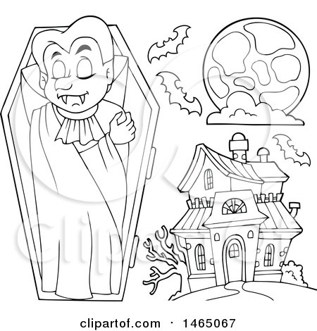 Clipart of a Black and White Vampire, Full Moon and Haunted House - Royalty Free Vector Illustration by visekart