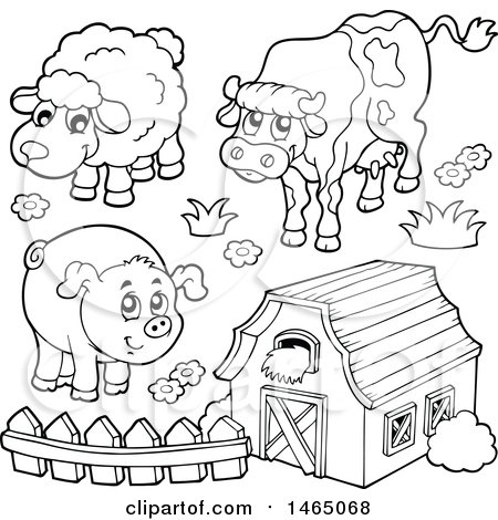 Clipart of a Black and White Barn with a Cow, Sheep and Pig - Royalty Free Vector Illustration by visekart